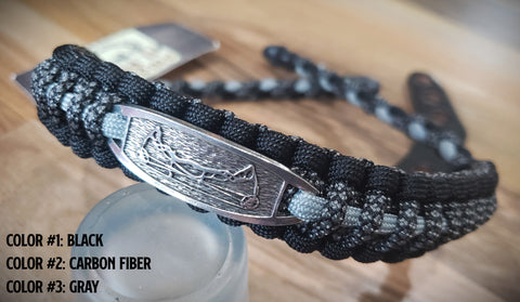 Premade Bow Wrist Sling - Cobra with Backbone Weave with Metal Bow Plate - Black, Carbon Fiber & Gray