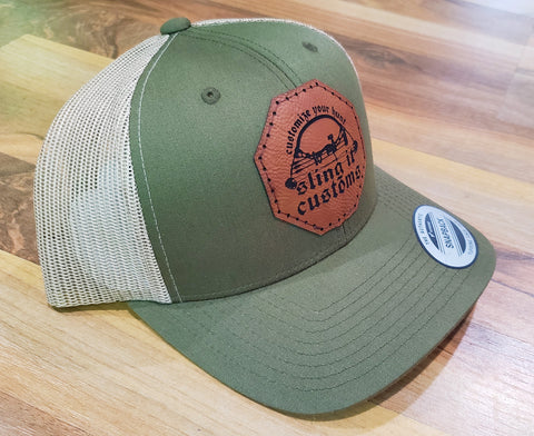 Snapback Hat with SlingIt Customs Leather Patch - Olive Green/Tan
