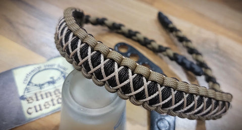 Premade Bow Wrist Sling - Cobra with Microstitched Xs Weave - Coyote/Acid Brown/Tan